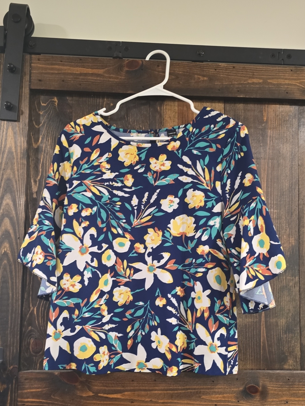 SHEIN Navy Floral Ruffle-Sleeve Blouse